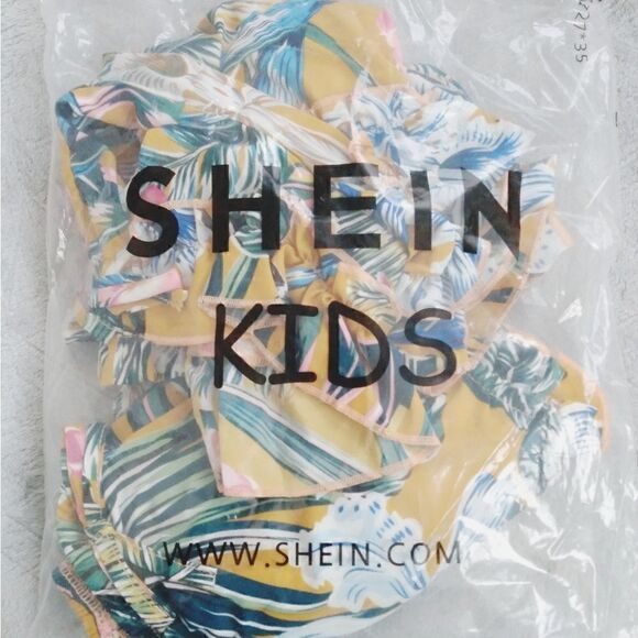 SHEIN Girls Tropical Print Puff Sleeve Crop Top & Ruffle Hem Shorts Set NWT 💙👍 - Picture 8 of 13